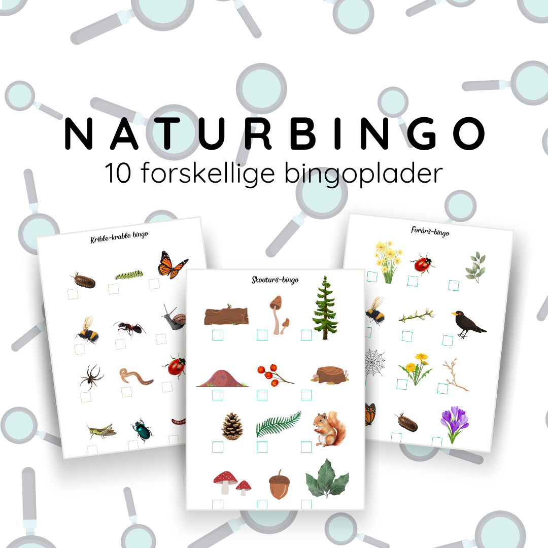 Naturbingo for børn - gratis bingoplader til skov, strand og have