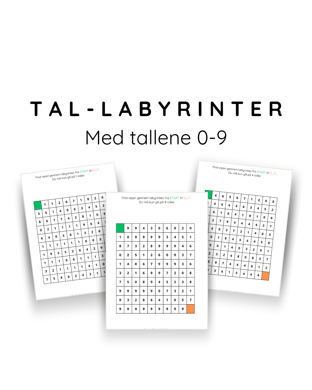 Tal-labyrinter med tallene 0-9 - print selv