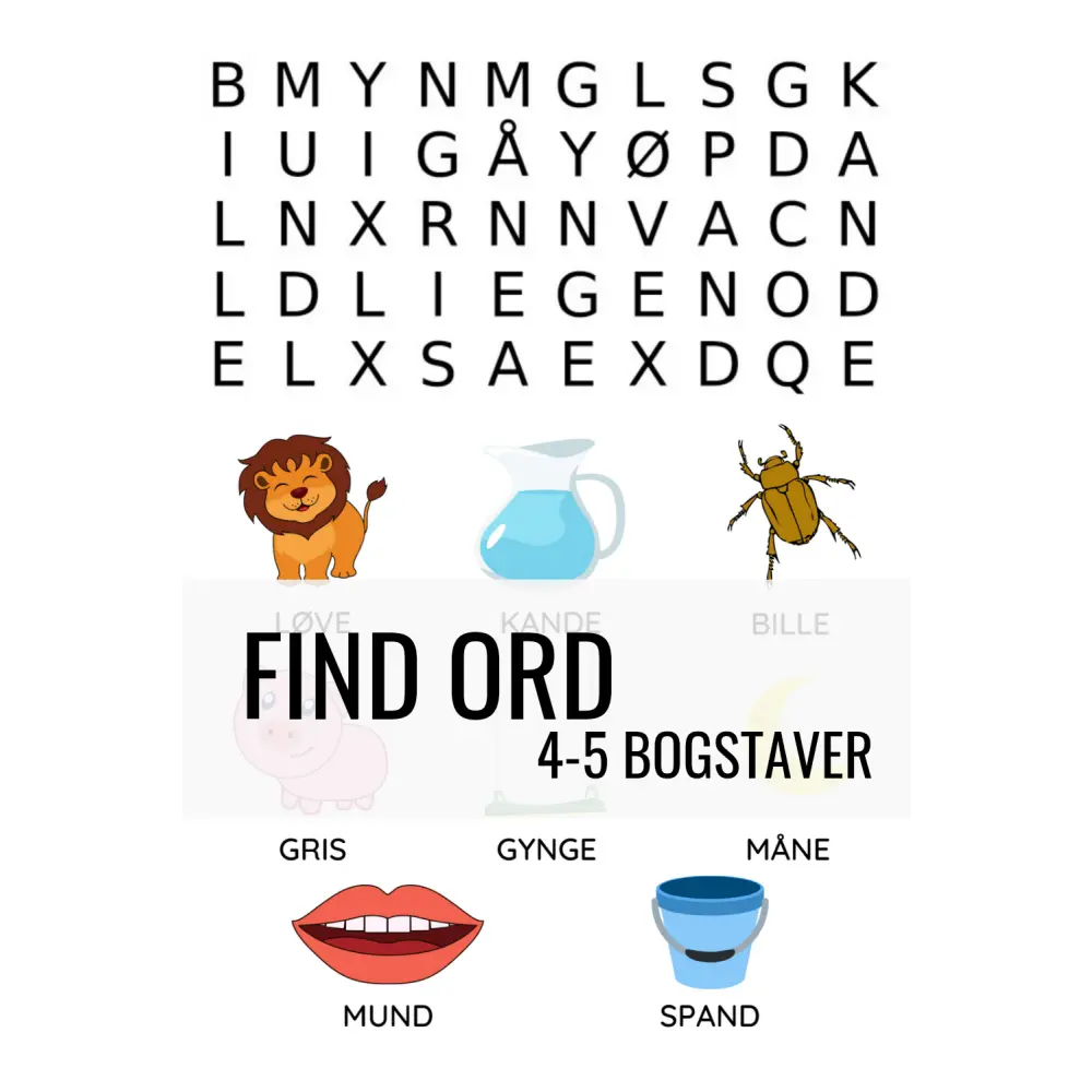 Find ordene - 4-5 bogstaver - print