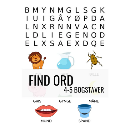 Find ordene - 4-5 bogstaver - print